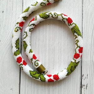 Beaded crochet necklace. Necklace with viburnum. Necklace with red berries green leaves. Ukrainian necklace. Necklace for embroidery shirt.