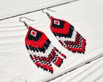 Long black white red earrings made seed beads. Handmade Triangular earrings with pendants. Earrings for embroidered shirt. Ethnic earrings.