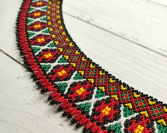 Ukrainian traditional ornament silyanka. Beaded collar. Ukrainian bead necklace. Ukrainian ethno necklace. National Ukrainian jewelry.
