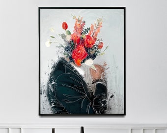 Floral Bouquet Head Gentleman Painting, Flower Art Print, Surreal Wall Art, Plant Art, Minimalist Art Poster, Vintage Home Decor, Portrait