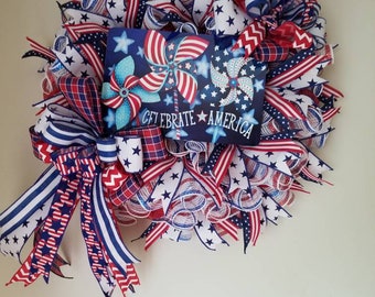 Celebrate America Wreath. Patriotic Wreath. Red, white & blue, pinwheels