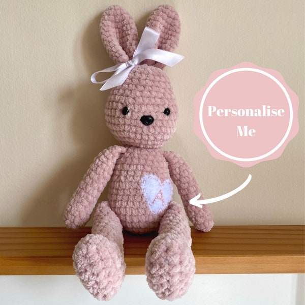 Personalised and custom crochet bunny cuddly toy/ stuffed animal/ plushie. Handmade with soft chenille yarn in customisable colours.