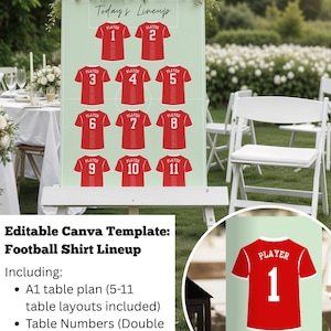 Peut inclure: Panneau décoratif avec une composition de maillots de football et le texte « Today's Lineup ». Le panneau affiche des maillots rouges numérotés de 1 à 11, disposés en formation. Décoré de fleurs blanches, il est posé sur un chevalet blanc.