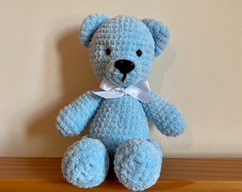 Crochet baby blue teddy bear cuddly toy/ plushie. Handmade using soft chenille yarn. Can be personalised.