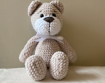 Large custom crochet beige teddy bear cuddly toy/ plushie. Handmade using soft velvet/ chenille yarn in your choice of customised colours.