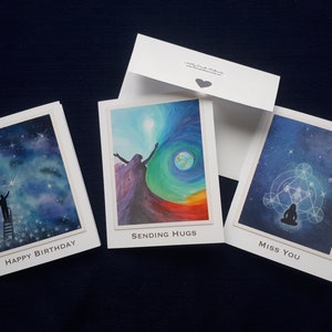 Joyeux anniversaire, envoi de câlins, tu me manques, cartes de voeux, carte d'art, cartes faites main uniques, spécial amateurs d'art spirituel