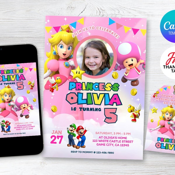 Princess Peach Birthday Invitation, Princess Peach Digital Invitation, Super Mario Princess Birthday Invitation, Girl Birthday Invitation