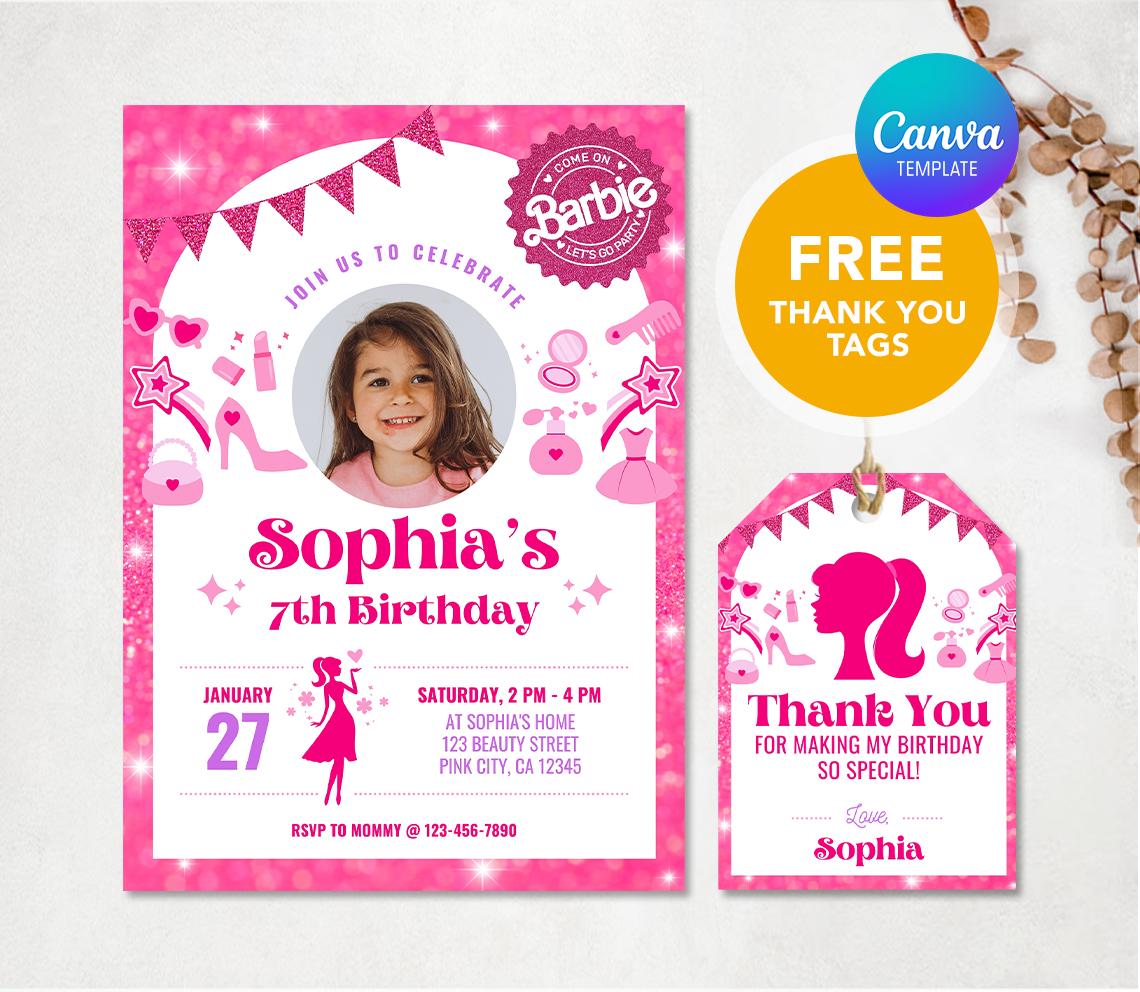 Barbi Birthday Invitation, Pink Doll Birthday Invitation, Barbi