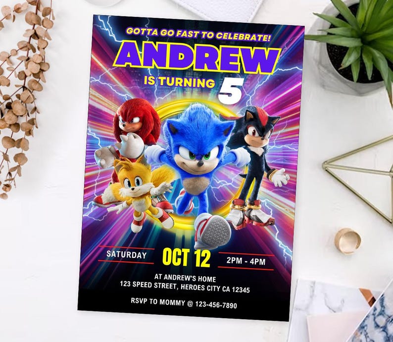 May include: A colorful birthday party invitation featuring Sonic the Hedgehog and friends. The invitation includes the name "ANDREW", the number "5", and the date "OCT 12". The text "GOTTA GO FAST TO CELEBRATE!" is at the top.
