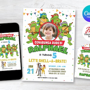 Ninja Turtle Invitation, Turtle Birthday Invitation, Ninja Turtle Invite, Superhero Invite, Editable Invitation, TMNT Invite White Version