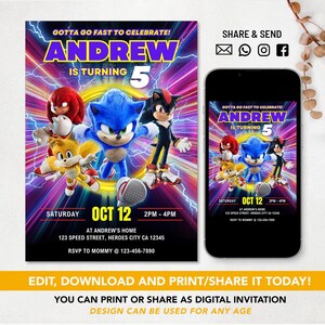 May include: A birthday invitation featuring Sonic the Hedgehog and friends. The invitation includes the text "GOTTA GO FAST TO CELEBRATE! ANDREW IS TURNING 5" with event details. A smartphone displays the same design.