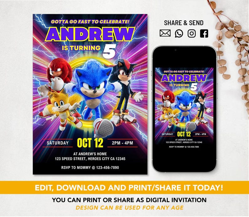 May include: A birthday invitation featuring Sonic the Hedgehog and friends. The invitation includes the text "GOTTA GO FAST TO CELEBRATE! ANDREW IS TURNING 5" with event details. A smartphone displays the same design.