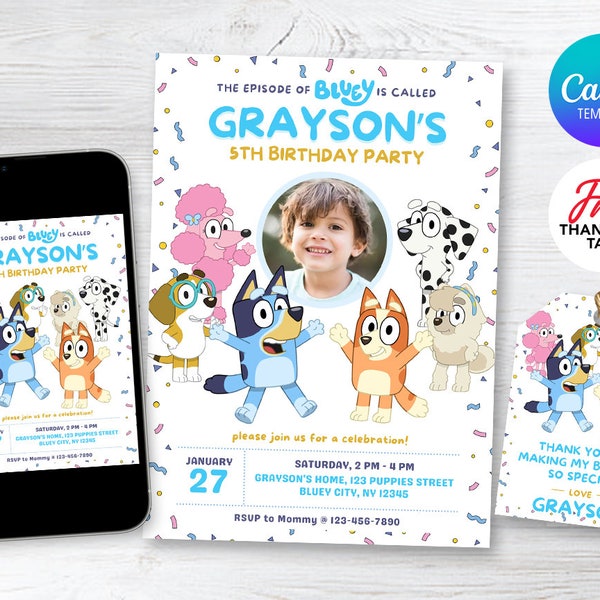 Blue Birthday Invitation, Blue Dog Birthday Invitation, Blue Puppies Invite, Blue Dog Party, Editable Invitation, Kids Birthday Invitation