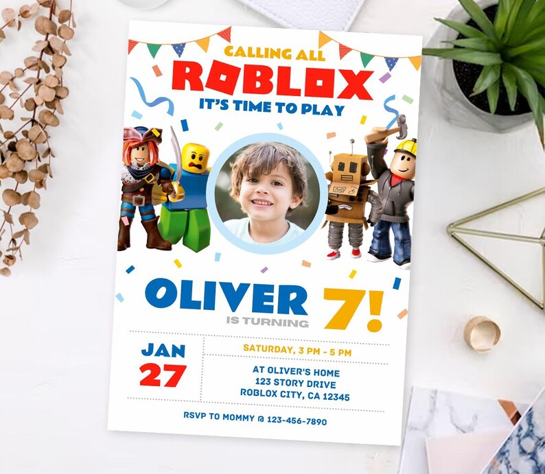 May include: A colorful invitation for a Roblox themed birthday party. The invitation features a photo of a young boy, the text "Calling all Roblox, It's time to play", and the birthday boy's name "Oliver" with the age "7!" in large, colorful text. The invitation also includes the date "Jan 27" and the time "Saturday, 3 PM - 5 PM".