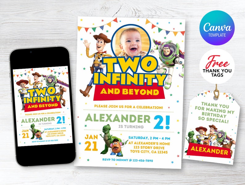 Toy Birthday Invitation, Two Infinity and Beyond, Editable Invitation, Boy Invitation, Toy Story Invitation, Digital Invite, White Version image 1