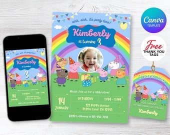 Peppa Pig Birthday Invitation, Editable Birthday Invitation, Peppa Pig Invitation, Boy Girl Invite, Kids Birthday Evite, Canva Template