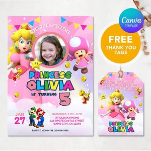 Convite de aniversário da Princesa Peach, convite digital da Princesa Peach, convite de aniversário da Princesa Super Mario, convite de aniversário para meninas