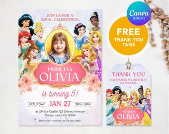 May include: A rectangular birthday invitation and a matching rectangular thank you tag featuring various Disney princesses, floral accents, and a photo placeholder. The text includes JOIN US FOR A ROYAL CELEBRATION, PRINCESS OLIVIA is turning 5!, and THANK YOU.