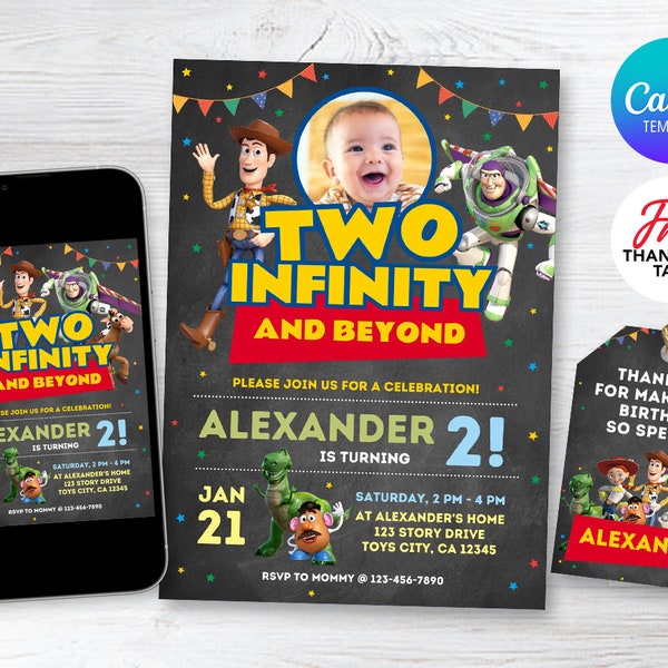 Toy Birthday Invitation, Two Infinity and Beyond, Editable Invitation, Boy Invitation, Toy Story Invitation, Digital Invite, Canva Template