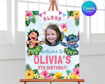 May include: A colorful birthday party sign featuring a photo of a young girl, surrounded by cartoon characters and tropical flowers. The sign says "Aloha" and "Welcome to Olivia's 5th Birthday!" in pink and white text.