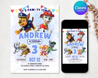 Kids Birthday Invitation, Puppies Birthday Invitation, Patrol Birthday Party, Paw Birthday Party, Paw-ty Boy Birthday Invitation