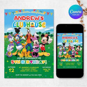 May include: A green and blue invitation card with Mickey Mouse and friends. The card says "Andrew's Clubhouse" and "Join us to celebrate his 5th birthday!" The date is October 12th and the time is 2pm to 4pm. The address is 123 Mickey Street, Disney City, CA 12345. RSVP to Mommy at 123-456-7890.