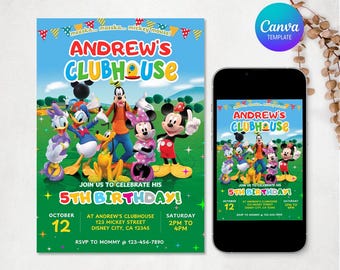 Invitación de Mickey Mouse Clubhouse, invitación de cumpleaños editable, invitación de Mickey, invitación para niño y niña, invitación de cumpleaños infantil, plantilla de Canva