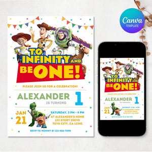 May include: A birthday party invitation featuring characters from a popular animated movie. The invitation includes the text "TO INFINITY AND BE ONE!" and details for the party, including the date, time, and location.