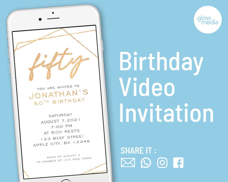 50th Birthday Invitation, 50th 60th Birthday Invitation Video, White Gold Birthday Invitation, 50th 60th Digital Invite, Gold Party Invite