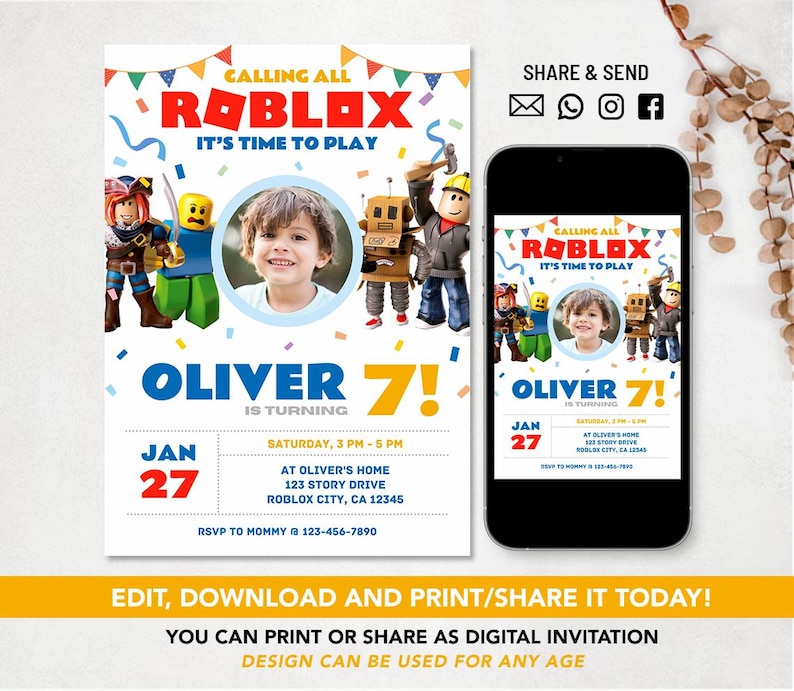Roblox, Roblox Birthday Invitation, Roblox Digital Invitation, Roblox Game Invite, Games Invitation, Editable Invitation, Kids Invitation image 2