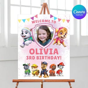 Placa de boas-vindas para aniversários de crianças, Placa de boas-vindas para filhotes, Festa de aniversário da Patrulha, Placa de boas-vindas para meninas da festa dos caninos, Festa de boas-vindas para meninas dos caninos