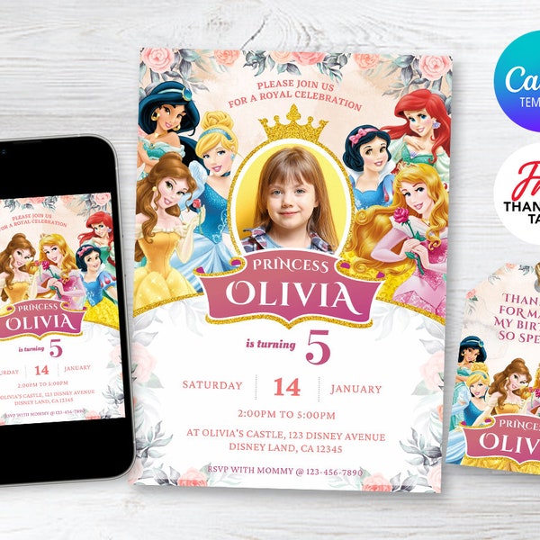 Princess Birthday Invitation, Editable Birthday Invitation, Princess Invitation, Princess Party Theme, Girl Invitation, Canva Template