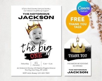 Notorious ONE Invitation, Editable Invitation, Biggie Small 1st Birthday Invitation, Notorious BIG, Kids Birthday Evite, Canva Template