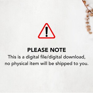 May include: A white background with a red triangle containing an exclamation point. Below the symbol, the text reads "PLEASE NOTE" followed by a statement about digital files and downloads, with no physical item being shipped.