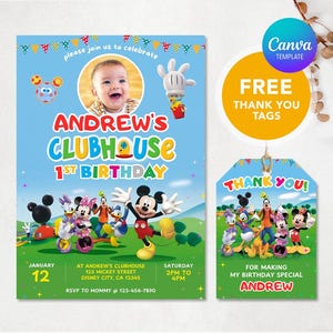 Mickey Mouse clubhuisuitnodiging, bewerkbare verjaardagsuitnodiging, Mickey-uitnodiging, jongensmeisje uitnodigen, kinderverjaardagsavond, canvassjabloon