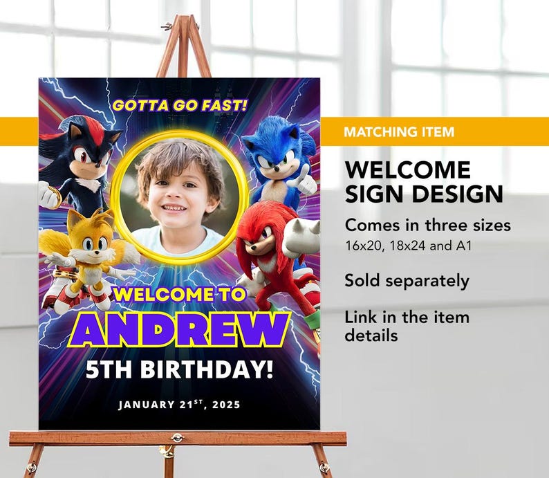 May include: A welcome sign design featuring the text "WELCOME TO ANDREW 5TH BIRTHDAY!" with the date January 21st, 2025. The sign includes images of Sonic the Hedgehog characters and a photo of a child. The sign is displayed on a wooden easel.