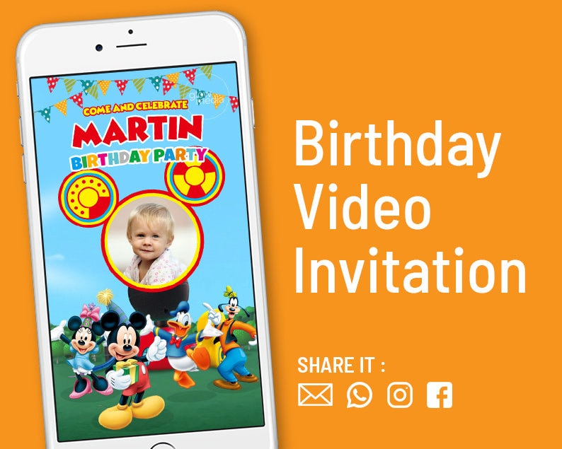 May include: A blue and white smartphone screen displaying a birthday video invitation for a boy named Martin. The invitation features a Mickey Mouse theme with Mickey Mouse, Donald Duck, Goofy, and Pluto characters. The invitation also includes a photo of a young boy and the text "Come and Celebrate Martin Birthday Party".