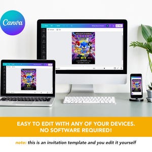 May include: A desktop computer, laptop, and smartphone display a colorful invitation template featuring Sonic the Hedgehog characters. The Canva logo is visible. The invitation reads "Andrew is turning 5" and includes the date "Oct 12".
