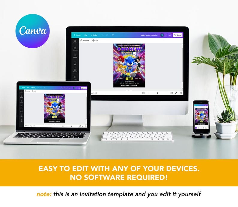 May include: A desktop computer, laptop, and smartphone display a colorful invitation template featuring Sonic the Hedgehog characters. The Canva logo is visible. The invitation reads "Andrew is turning 5" and includes the date "Oct 12".