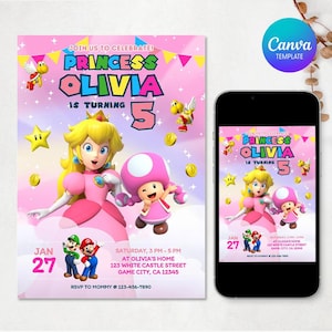 以下が含まれることがあります： ピーチ姫とキノピコが描かれたピンク色の誕生日招待状テンプレート。マリオとルイージも登場します。テキスト：Join us to celebrate! Princess Olivia is turning 5, Jan 27, Saturday, 3 PM - 5 PM, at Olivia's Home, 123 White Castle Street, Game City, CA 12345, RSVP to Mommy at 123-456-7890.