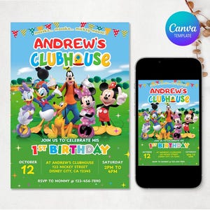 Mickey Mouse Clubhouse Einladung, bearbeitbare Geburtstagseinladung, Mickey Einladung, Junge Mädchen einladen, Kindergeburtstag Evite, Canva Vorlage