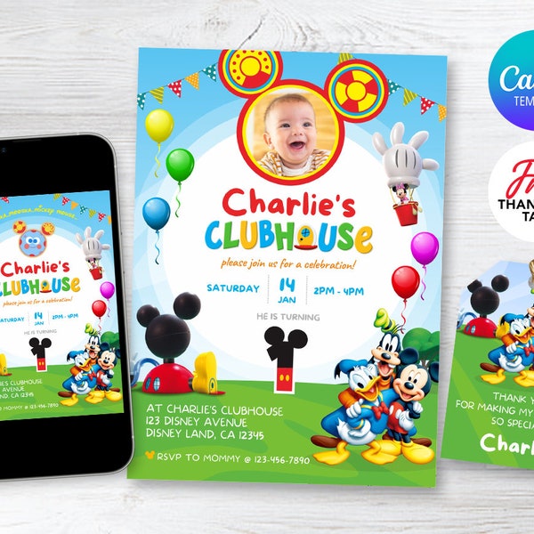 Mickey Mouse Clubhouse Invitation, Editable Birthday Invitation, Mickey Invitation, Boy Girl Invite, Kids Birthday Evite, Canva Template