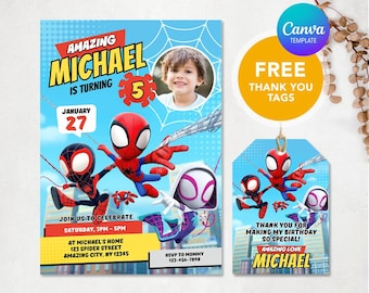 Può includere: Un invito di compleanno blu e rosso a tema Spiderman. L'invito presenta una foto di un bambino, il testo "Amazing Michael is turning 5" e la data "January 27".