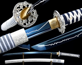 Blue Elves Katana,Japanese Samurai Sword,Real Katana,Handmade sword,High manganese steel,Roasted blue blade