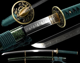 T10 Steel Clay Tempered With Hamon Handmade Green Katana Sword Real Japanese Samurai Sword Full Tang