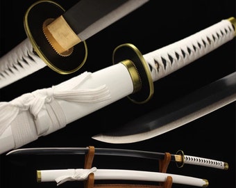 Anime Sword Cosplay One Piece Roronoa Zoro,Handmade White Anime Katana,Real Japanese Samurai Sword,High-carbon steel