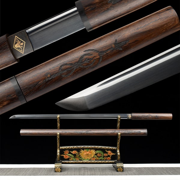 Épée Ninjato Katana faite main, bâton avec lame noire, véritable épée de samouraï japonais, acier à haute teneur en manganèse, pleine soie