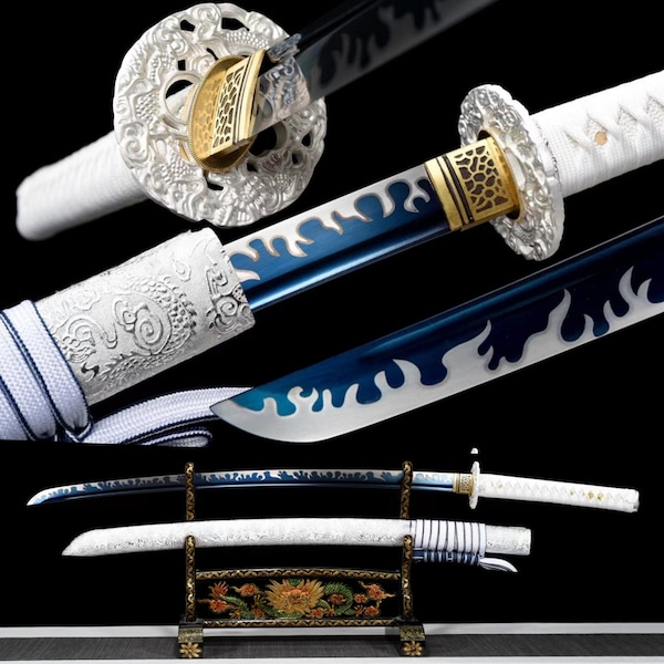 Silver Dragon Katana,Japanese Samurai Sword,Real Katana,Handmade sword,High manganese steel,Roasted blue blade