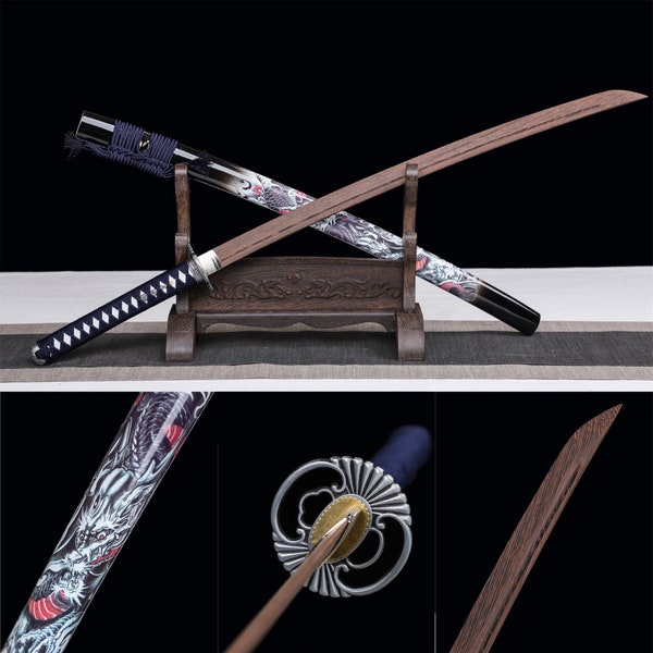 Black Dragon Katana, Katana en bois, épée de samouraï japonais, épée en bois faite à la main, épée d'entraînement, lame en bois de rose/lame en bambou