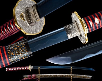 Handmade Blue Blade Katana Sword -Sea of flowers Real Japanese Samurai Sword 1060 High Carbon Steel Full Tang